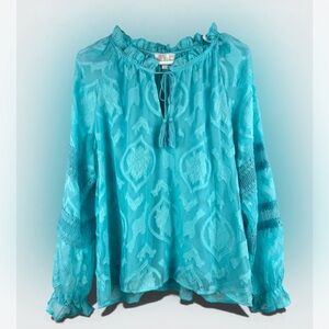 Belle by Kim Gravel Feminine Burnout Blouse Shirt Cabana Blue Size L Tassels